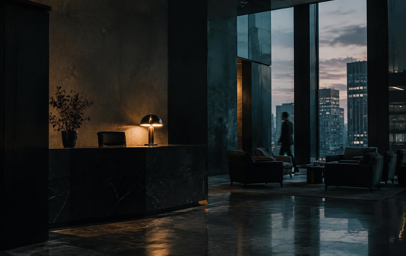 A quiet premium office reception at dusk