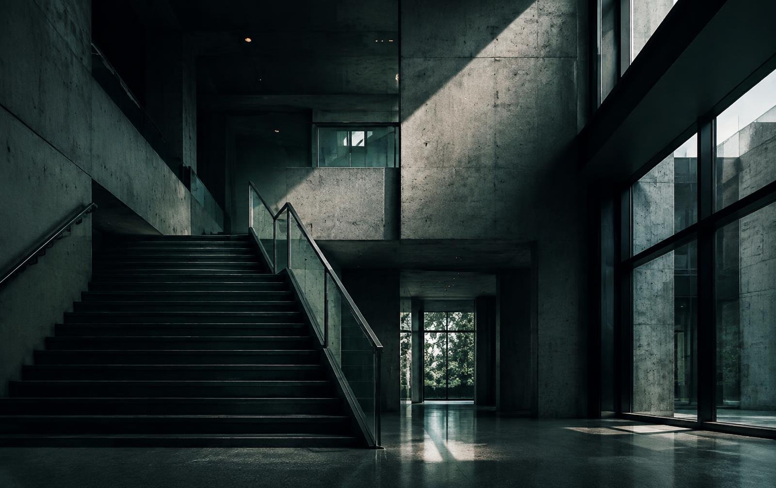 A quiet concrete atrium shaped by directional daylight