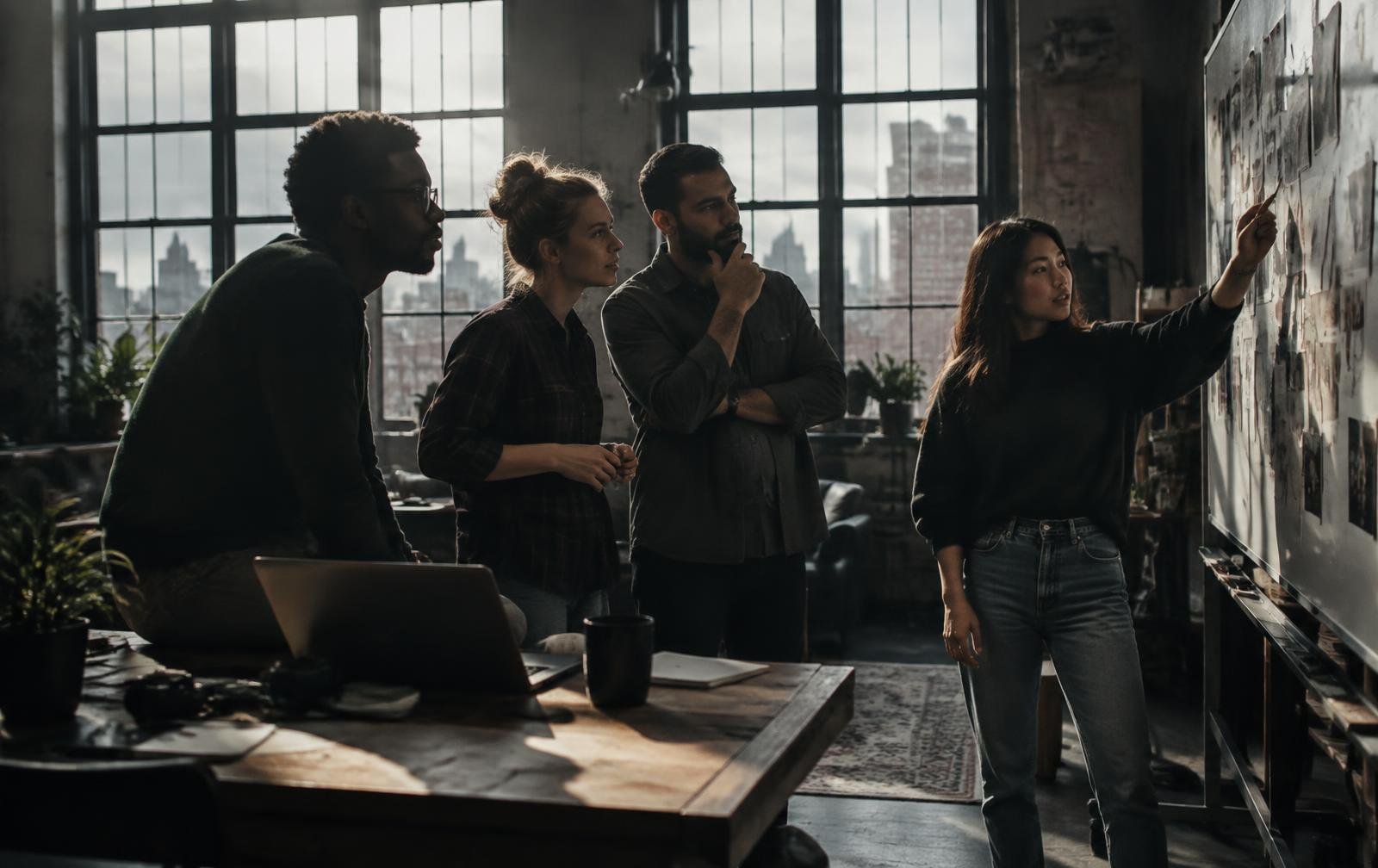 A team collaborating at a wall of ideas in a daylit workspace
